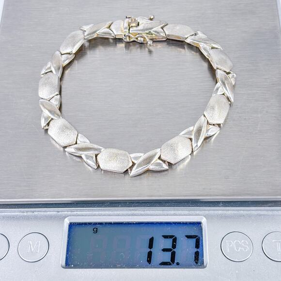 XO Link Bracelet | Brushed & Polished Design | Vintage Sterling Silver 925 | 7" - Picture 7 of 7